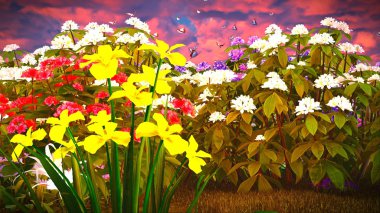 Çayır 3d render üzerinde yaz kır çiçekleri