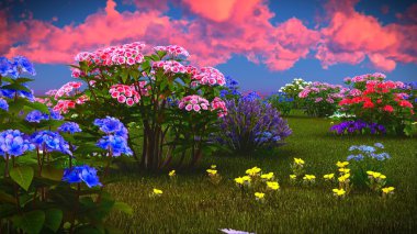 Çayır 3d render üzerinde yaz kır çiçekleri