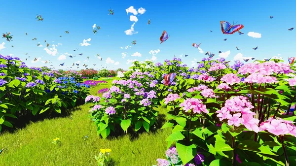 Fiori di campo estivi sul prato rendering 3d — Foto Stock