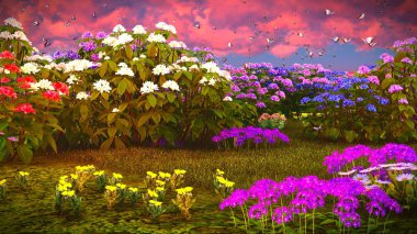 Çayır 3d render üzerinde yaz kır çiçekleri
