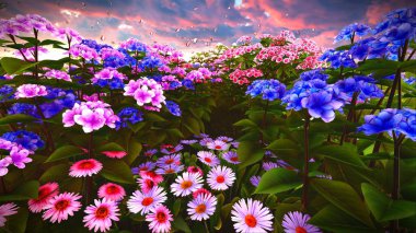 Çayır 3d render üzerinde yaz kır çiçekleri