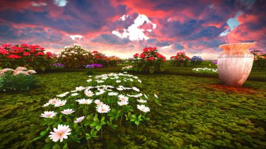 Çayır 3d render üzerinde yaz kır çiçekleri