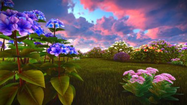 Çayır 3d render üzerinde yaz kır çiçekleri