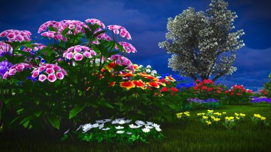 Çayır 3d render üzerinde yaz kır çiçekleri