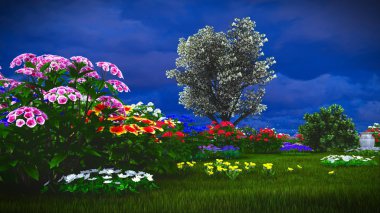 Çayır 3d render üzerinde yaz kır çiçekleri