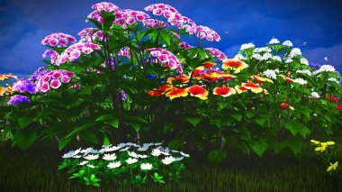 Çayır 3d render üzerinde yaz kır çiçekleri