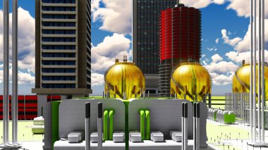 Nükleer santral 3d render Bina İnşaatı