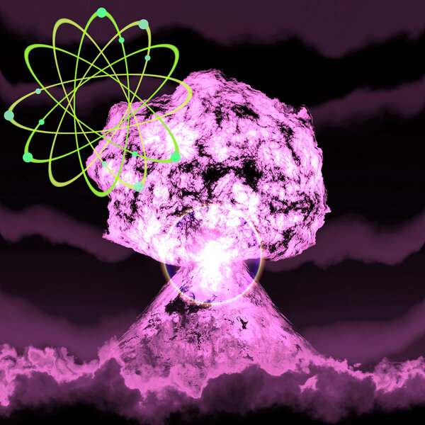 Nuclear explosion with symbol of atomic energy 3d rendering