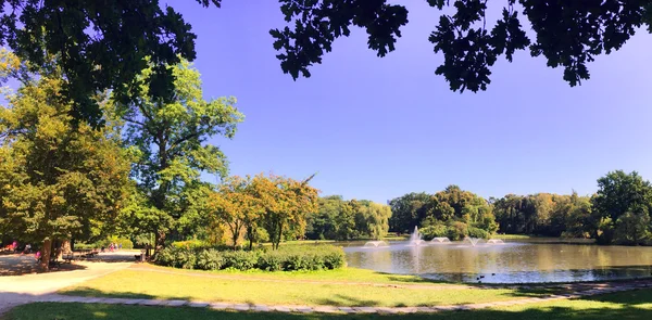 Hermosa vista del lago en el parque con fuentes —  Fotos de Stock
