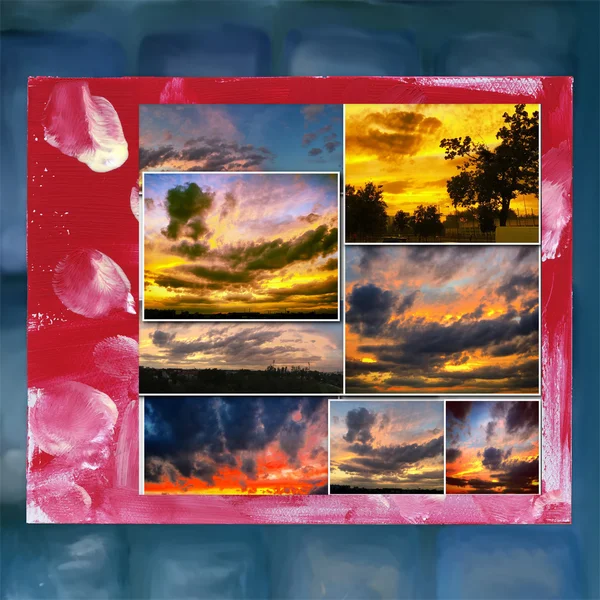 Dramatic sunset like fire in the sky with golden clouds collage — Stock Photo, Image