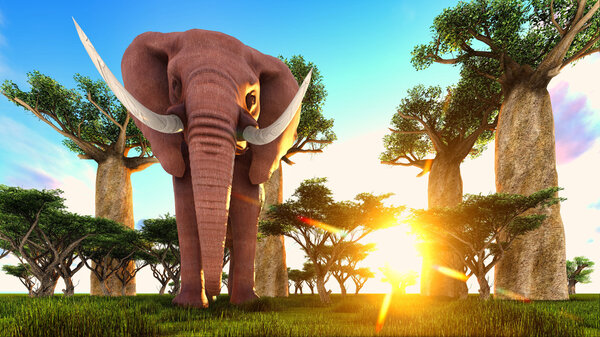 3d illustration of the elephant walking near baobab trees