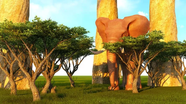 3d illustration of the elephant walking near baobab trees — Stock Photo, Image