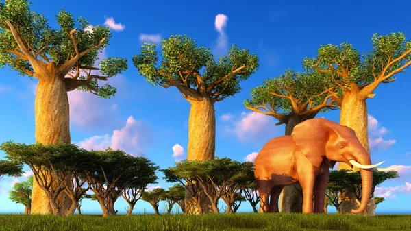 3D ilustracja słoni spaceru w pobliżu drzew baobabu — Zdjęcie stockowe