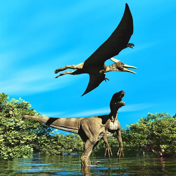 Velociraptor and pterodactyl 3d rendering — Stock Photo, Image