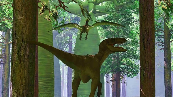Velociraptor en pterodactyl 3D-rendering — Stockfoto