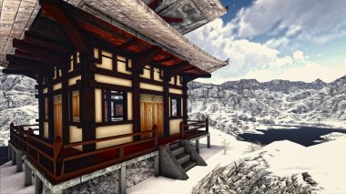 Rocky Dağları 3d render Budist tapınağı