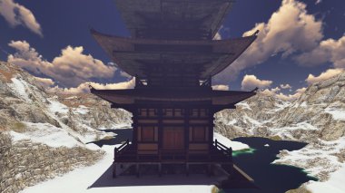 Rocky Dağları 3d render Budist tapınağı
