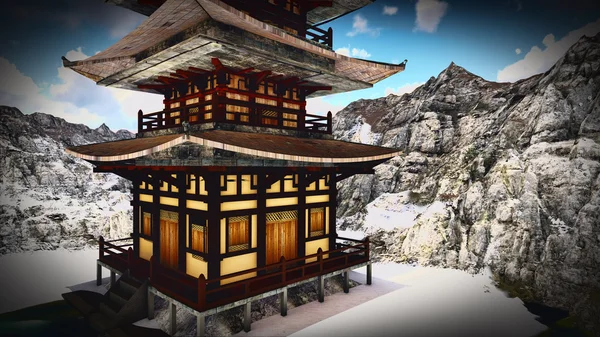 Temple bouddhiste dans les montagnes rocheuses rendu 3D — Photo