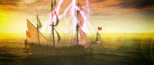 Övergivna historiska segelfartyg i stormigt hav med en lightning strike 3d rendering — Stockfoto