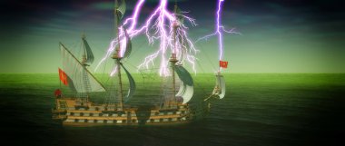 Terk edilmiş tarihi yelkenli gemi fırtınalı denizde bir yıldırım 3d render ile