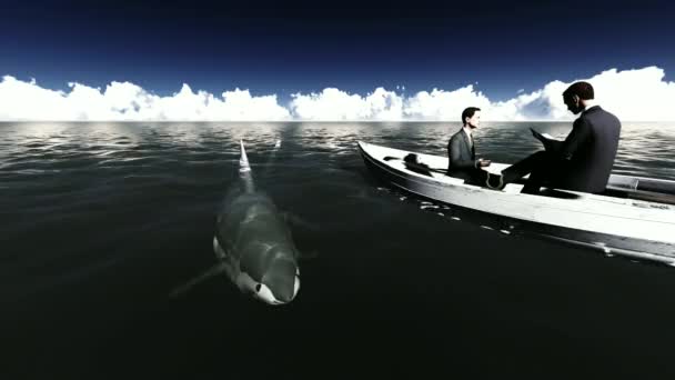 Hommes d'affaires sur bateau avec requin — Video