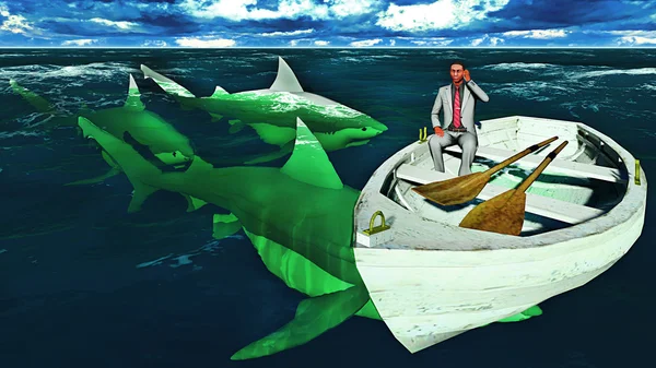 Podnikatel obklopen žraloky — Stock fotografie