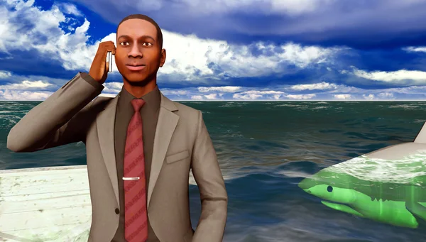 African businessman surrounded by sharks — Stock Photo, Image