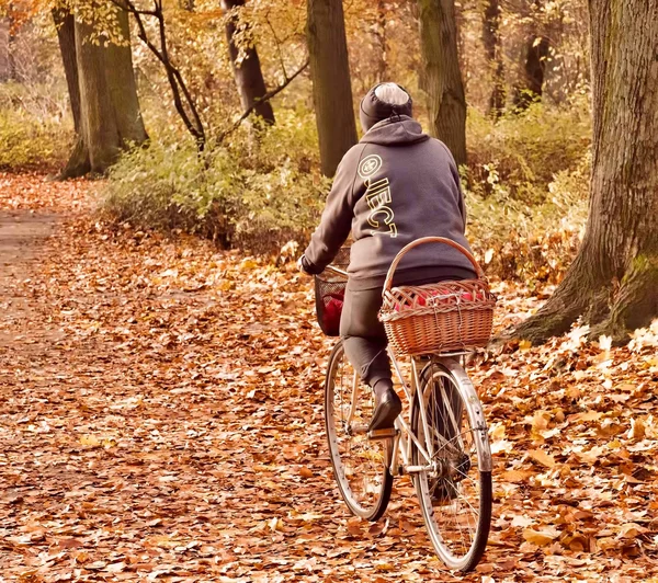 Femme sur vélo avec panier — Photo