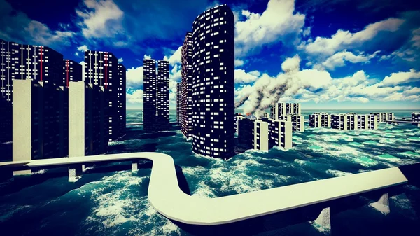 Tsunami devastating the city — Stock Photo, Image
