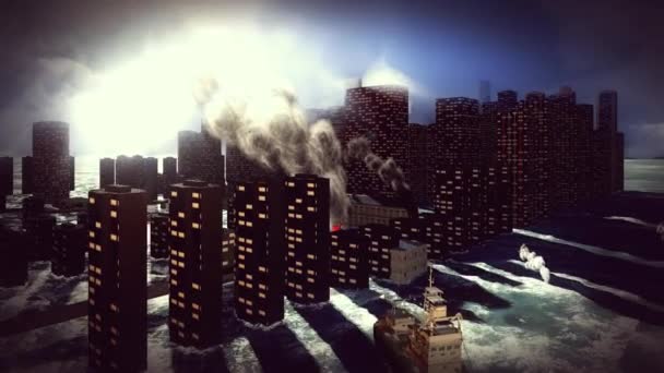 Tsunami devastando la ciudad — Vídeos de Stock