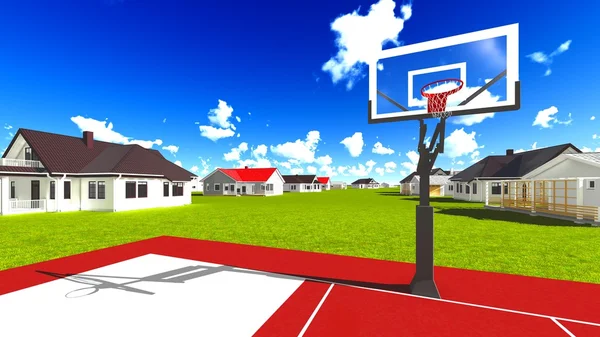 Voorsteden huizen met basketbalveld — Stockfoto