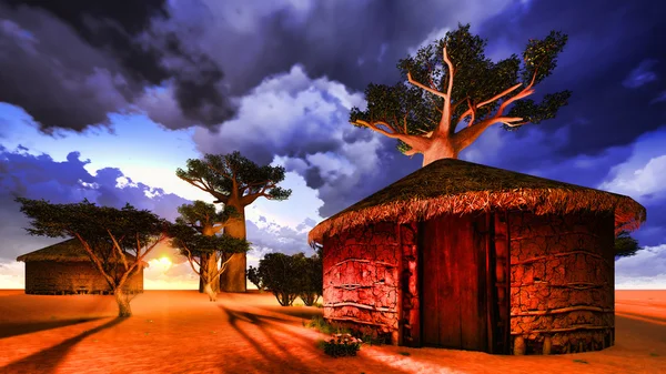 Afrikai falu hagyományos kunyhók — Stock Fotó