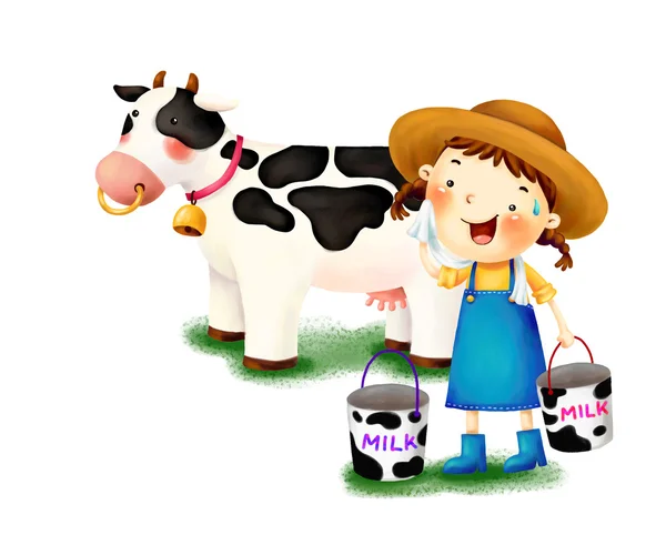 Flicka med en ko — Stockfoto