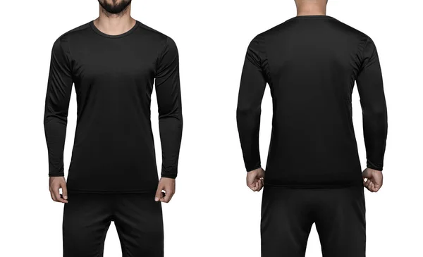 Jugador de fútbol con camisa negra de uniforme deportivo con mangas largas y pantalones cortos sobre fondo blanco aislado. Mockup fútbol uniforme vista frontal y trasera — Foto de Stock