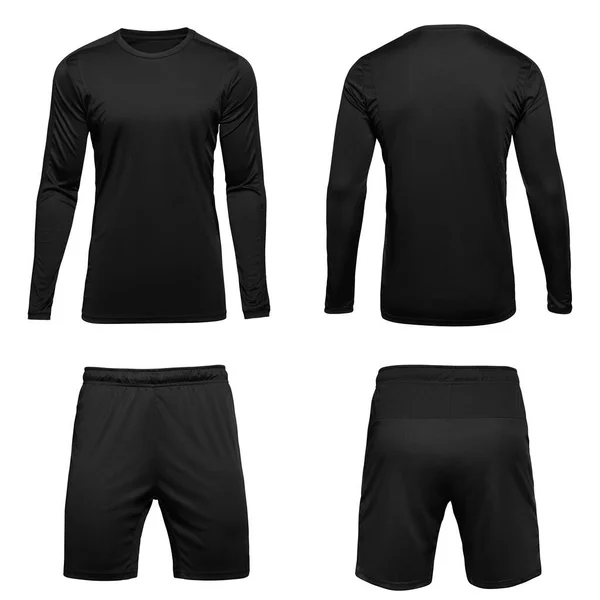 Uniformes de fútbol deportivo camisa negra con mangas largas y pantalones cortos aislados sobre fondo blanco —  Fotos de Stock