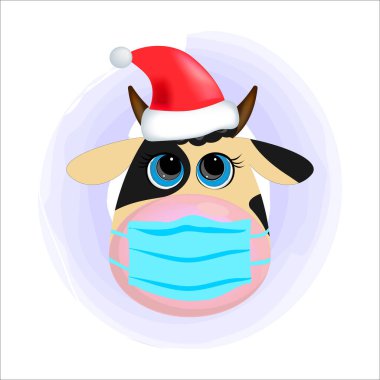 Kırmızı şapkalı, çizgi film tarzında tıbbi maskeli bir boğa salgını çıkartması. Covid 19 'a karşı koruma kavramı.