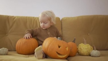 Bebek Cadılar Bayramı 'nda kanepede balkabağıyla oynuyor.