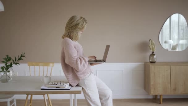 Trabalho a partir do conceito de casa, Retrato de bela jovem mulher trabalhando no laptop no local de trabalho. — Vídeo de Stock