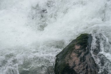 Dağ nehrinin su tabancasındaki kayalarla dolu tam bir çerçeve. Dağ deresinin güçlü su akıntısı. Dağ deresinin hızlı akışının desenli arkaplanı. Islak taşlar yakın plan.