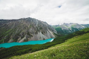 Tepeden manzaralı vadiden manzaralı büyük güzel dağ gölü. Orman ve kayalar. Dev kayalık sırt. İnanılmaz atmosferik dağlık arazi. Muhteşem muhteşem vahşi doğa manzarası..