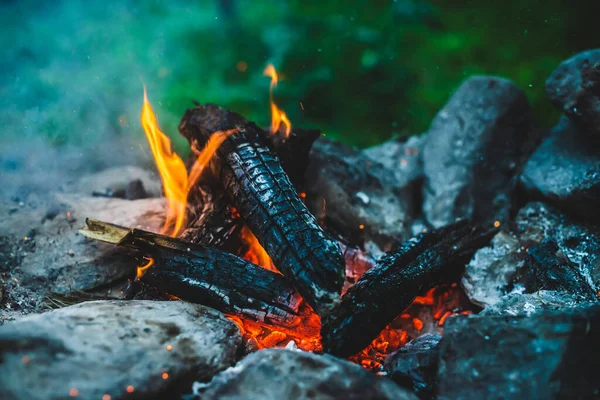 Yanan odun odunları yakın plan ateşte yanmış. Atmosferik sıcak arka plan, turuncu kamp ateşi ve mavi duman. Şenlik ateşinin mükemmel tam kare görüntüsü. Güzel ateşte yanan odunlar.