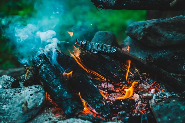 Żywe Wędzone Drewno Opałowe Spalone Ogniu Bliska Atmosferyczne Ciepłe Tło — Zdjęcie stockowe