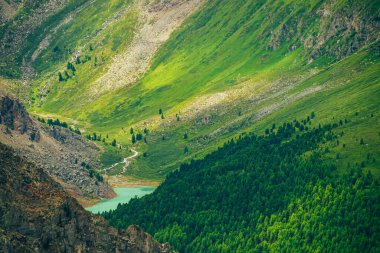 Güzel dağ gölü, kozalaklı ormanı ve kayalık dağları olan manzaralı vadiye muhteşem bir manzara. İnanılmaz atmosferik dağlık arazi. Muhteşem muhteşem vahşi doğa manzarası..