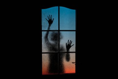 Koyu renk siluet, izolasyonda yalnız bir kız aydınlık arka planda kapalı cam kapının arkasında. Hüzün, keder, ilgisizlik, depresyon, melankoli gibi soyut tasvirler. Bilinçaltının derinliklerine hapsedilmiş bir kız..