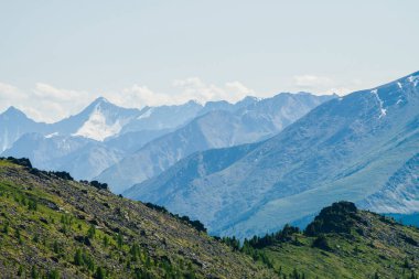 Uçsuz bucaksız uçurumlar ve büyük karlı dağlarla yeşil orman manzarası. Uçsuz bucaksız dağların muhteşem manzarası. Yeşil dağlı, orman ve kayalarla muhteşem canlı bir manzara..