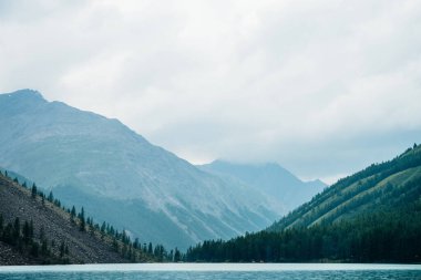 Yağmurlu havada dev dağların arasındaki engin dağ gölüne dramatik bir manzara. Çam ve karaçam yamaçta, gök mavisi suyun yanında. Turkuaz alp gölüyle kaplı bulutlu bir yer. Atmosferik dağ manzarası.