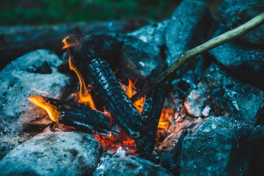 Yanan odun odunları yakın plan ateşte yanmış. Atmosferik sıcak arka plan ve turuncu kamp ateşi. Şenlik ateşinin hayal edilemez tam kare görüntüsü. Güzel ateşte odun yakmak. Harika alev.