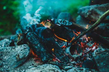 Yanan odun odunları yakın plan ateşte yanmış. Atmosferik sıcak arka plan, turuncu kamp ateşi ve mavi duman. Şenlik ateşinin hayal edilemez tam kare görüntüsü. Güzel ateşte yanan odunlar.