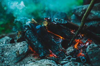 Yanan odun odunları yakın plan ateşte yanmış. Atmosferik sıcak arka plan, turuncu kamp ateşi ve mavi duman. Şenlik ateşinin mükemmel tam kare görüntüsü. Güzel ateşte yanan odunlar.