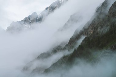 Bulutlu gökyüzündeki büyük uçuruma hayali atmosferik bir manzara. Dev kayalık dağların arasında alçak bulutlar. Sisli sabahın erken saatlerinde gizemli bir yer. Güzel kayalıkları olan minimalist bir manzara. Dramatik kasvetli sis.